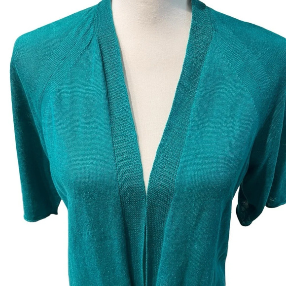 Eileen Fisher Teal Green Open Front Short Sleeve Organic Linen Cardigan Size PP - Picture 6 of 13